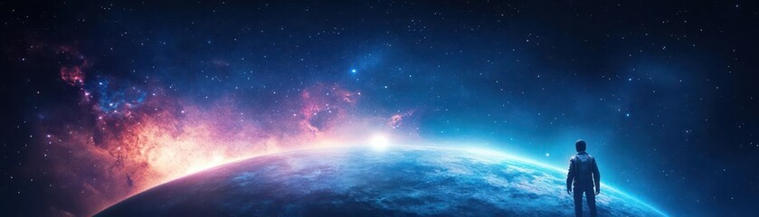 Fototapeta premium Astronaut Standing on Planet Surface with Blue and Red Nebula in the Background