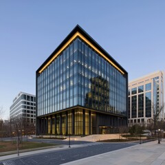 Fototapeta premium Modern glass office building with sleek architecture and evening sky backdrop