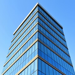 Modern glass office building reaching towards a clear blue sky in urban setting