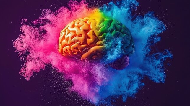 Colorful Brain Exploding in Rainbow Smoke