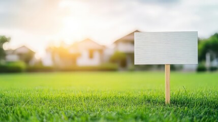 Blank White Real Estate Sign on Vibrant Green Lawn in Suburban Neighborhood