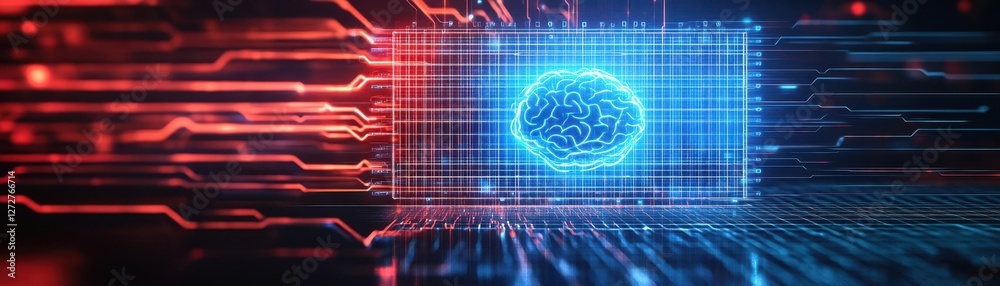 Poster Blue Artificial Intelligence Brain with Red Technological Circuit Background