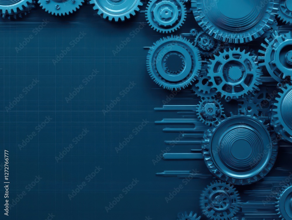 Poster Blue Tinted Gears on Grid Background Depicting Connection and Mechanical Precision