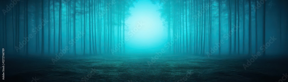 Poster blue mysterious forest with fog and mist through trees in dreamlike scenery