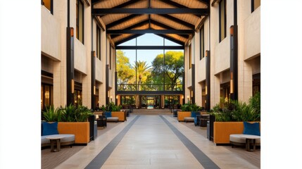 Modern hotel lobby with spacious design, natural light, and greenery