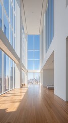Fototapeta premium Modern interior of a spacious, sunlit high-rise building with city skyline views