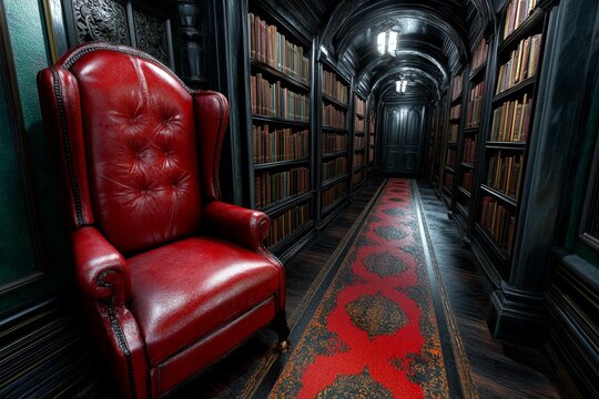 A dark and eerie Victorian-style library filled with dusty books, where a solitary reader enjoys a moment of escape