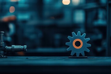 Close Up of a Blue Metal Gear with Orange Center on a Metal Surface