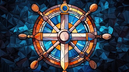 Intricate Stained Glass Window with Radiant Sunburst Design in a Cathedral