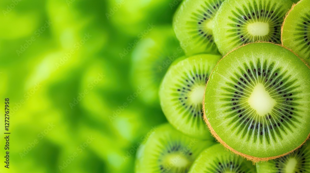 Poster close up of fresh kiwi fruit slices on a green blurred background