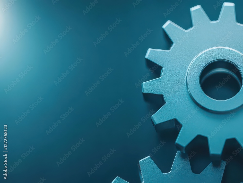 Poster close up of interlocking silver gears on dark blue background represents precision