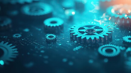 Close Up of Interlocking Metal Gears on Dark Surface with Blue Lighting