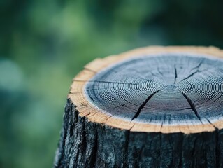 Close Up of Weathered Tree Stump with Visible Rings in the Green Woods