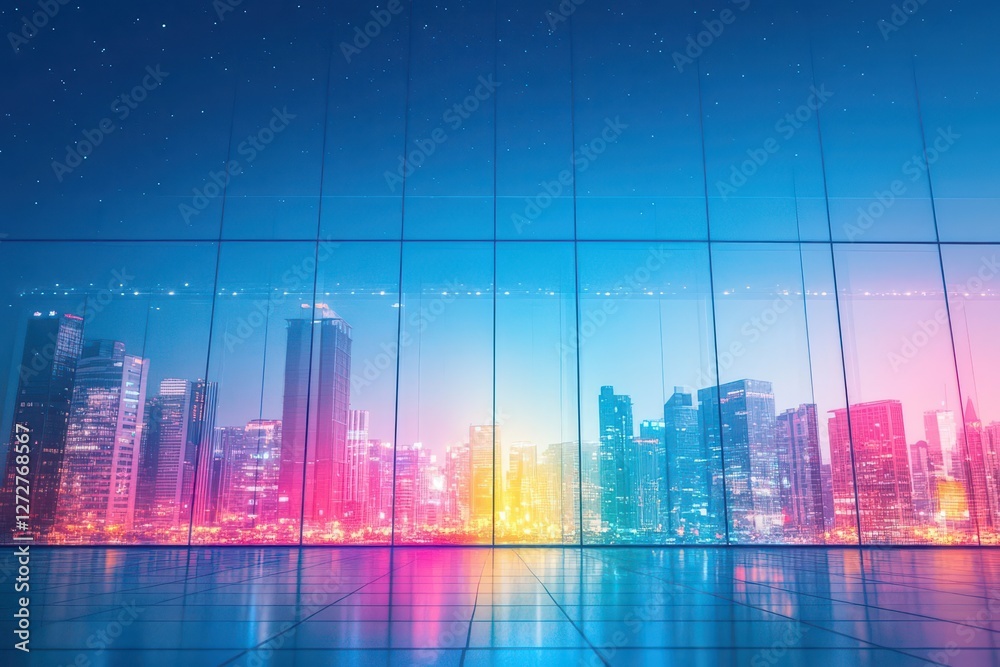 Poster colorful cityscape view through large window with illuminated skyscrapers at night