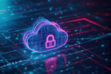 Cloud security concept, glowing cloud icon with padlock, digital landscape