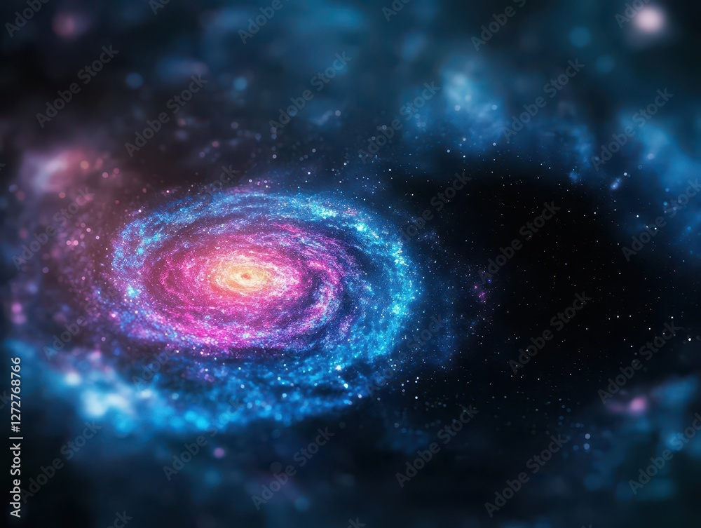 Poster colorful spiral galaxy with twisting arms and shimmering star clusters in deep space