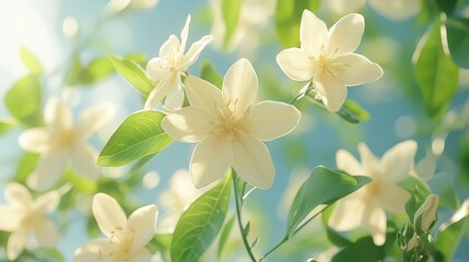 Fototapeta premium Spring Delicate white flowers with green leaves
