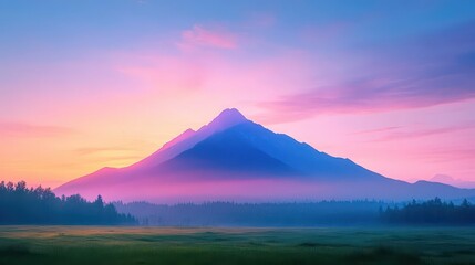 Colorful Sunrise Over Misty Mountain Landscape with Vibrant Sky and Lush Green Fields