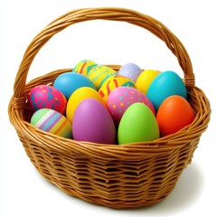 Colorful Decorated Eggs in Wicker Basket