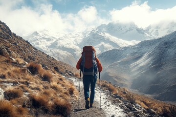 Obraz premium Hiker Exploring Rugged Mountain Trail in Scenic Snowy Landscape