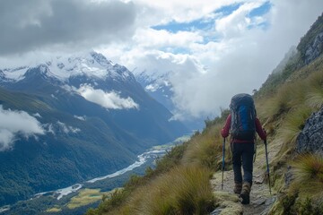 Fototapeta premium Hiker Trekking Along Scenic Mountain Trail in New Zealand Wilderness
