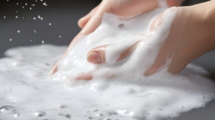Fototapeta premium Detailed close up view of hands thoroughly washing with fragrant soap creating a rich sudsy foam under a gentle stream of warm water Representing hygiene self care