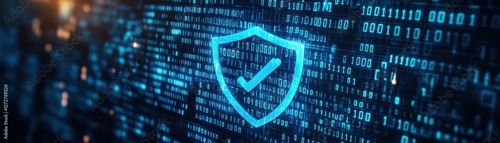 Poster Data protection concept, shield icon surrounded by binary code, dark blue tones