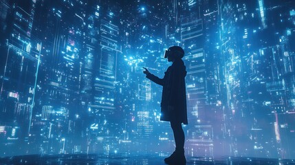 A person in a VR headset explores a futuristic digital landscape.
