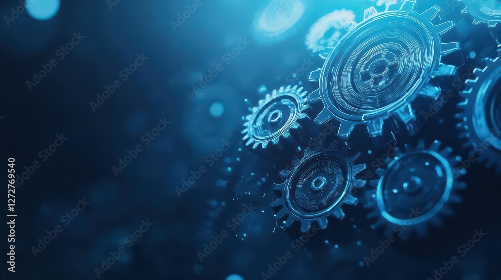 Aufkleber detailed close up of interlocking gears in blue tones with bokeh light effects