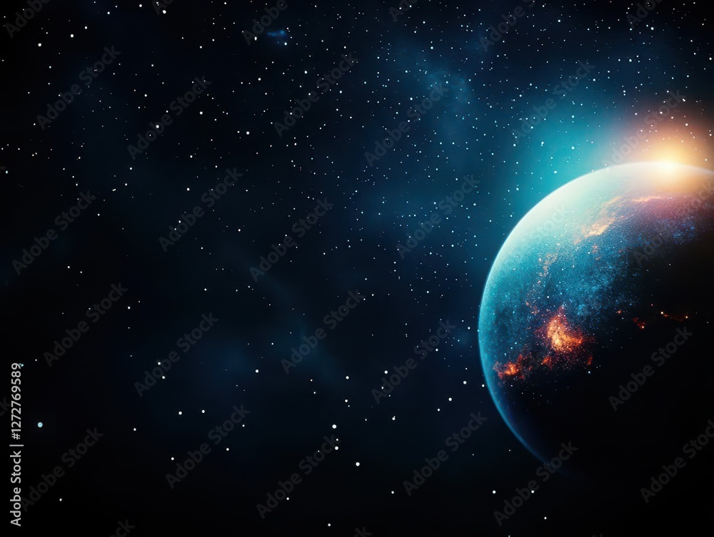 Poster detailed view of earth from space with stars in dark cosmic space background