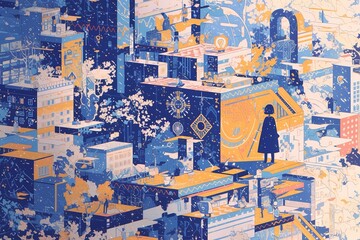 Abstract cityscape with figures, stylized architecture, and fantasy elements; digital art, possible use for wallpaper, posters