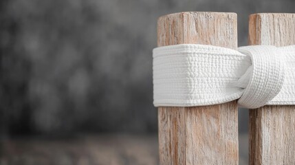 Tied white martial arts belt on wooden blocks