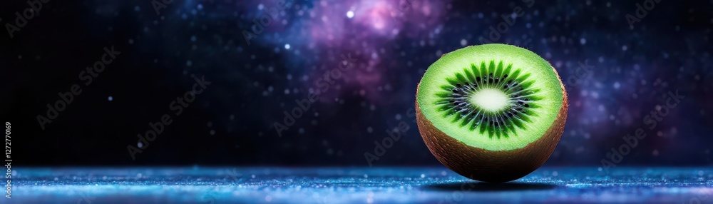 Poster dramatic half kiwi fruit on a glittering surface with a nebula galaxy background