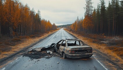 Burned-Out Car on Autumn Road: A Scene of Destruction in the Woods