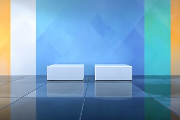 Brightly lit minimalist room showcases two pristine white display cubes against a vibrant multicolored wall. AI Generated