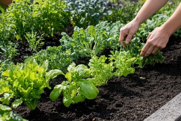 Hands Harvesting Fresh Greens from a Vibrant Vegetable Garden