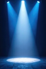Empty stage illuminated by a single blue spotlight with glowing lights, peaceful, blue light, empty stage