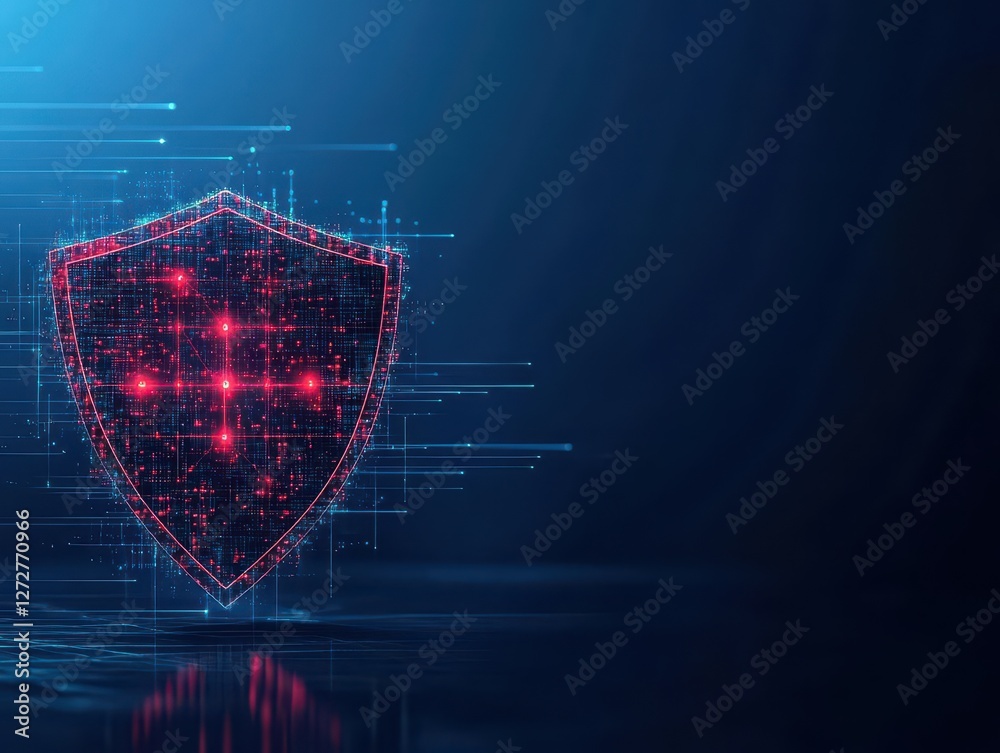 Poster firewall concept, digital shield blocking glowing red threats, abstract design