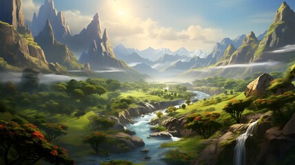 Serene winding river snaking through a lush verdant valley landscape with mountains in the distance  Peaceful tranquil and captivating natural scenery inviting and relaxation
