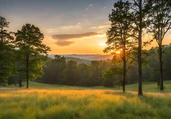 Fototapeta premium Serene Autumn Landscape with Sunset and Trees