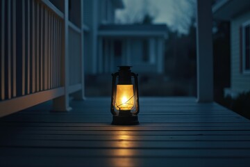 Dementia risk symbolized by a lonely lantern on a porch. Featuring soft evening light and muted tones