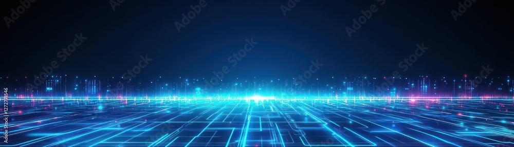 Poster Futuristic Blue Digital Network Background with Glowing Light and Abstract Cyber Connection