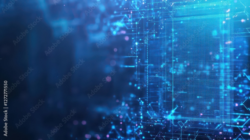 Poster Futuristic Blue Digital Network Background with Binary Code and Artificial Intelligence