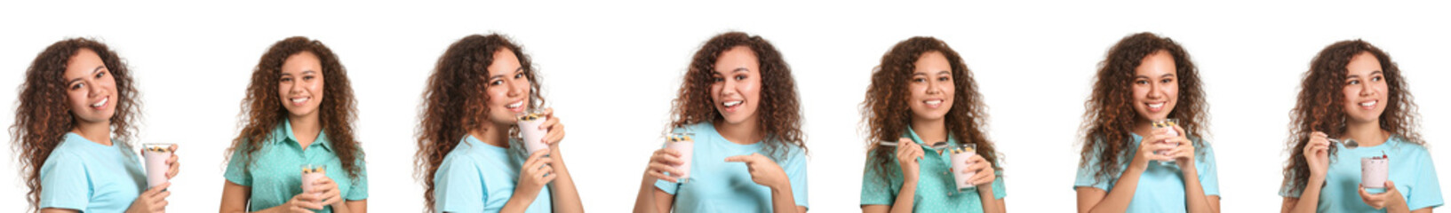 Set of pretty African-American woman with tasty yogurt on white background