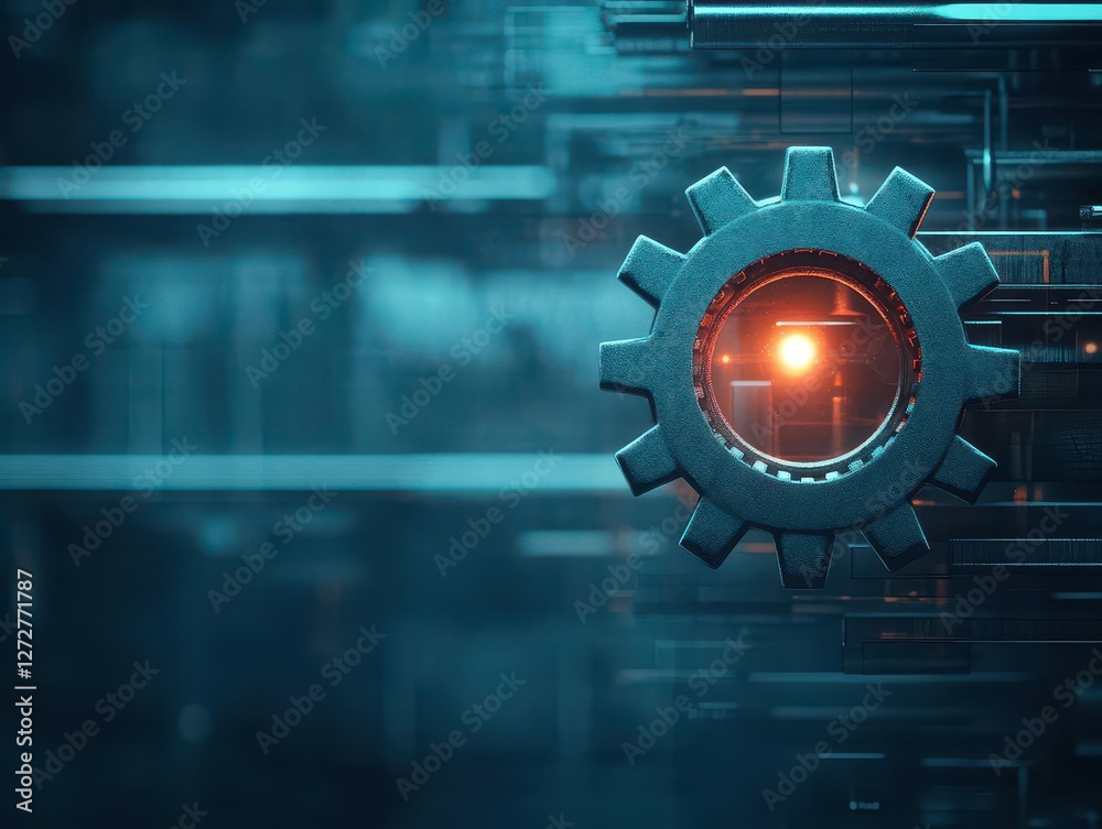 Poster gear mechanism with glowing center on a blue technological background