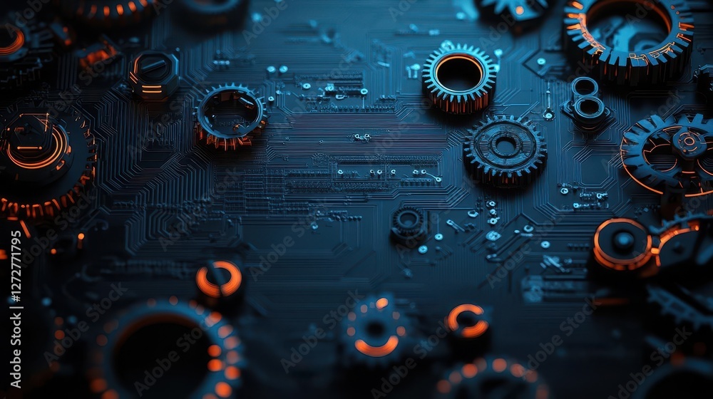 Aufkleber gears and circuit board in blue and orange technical design background