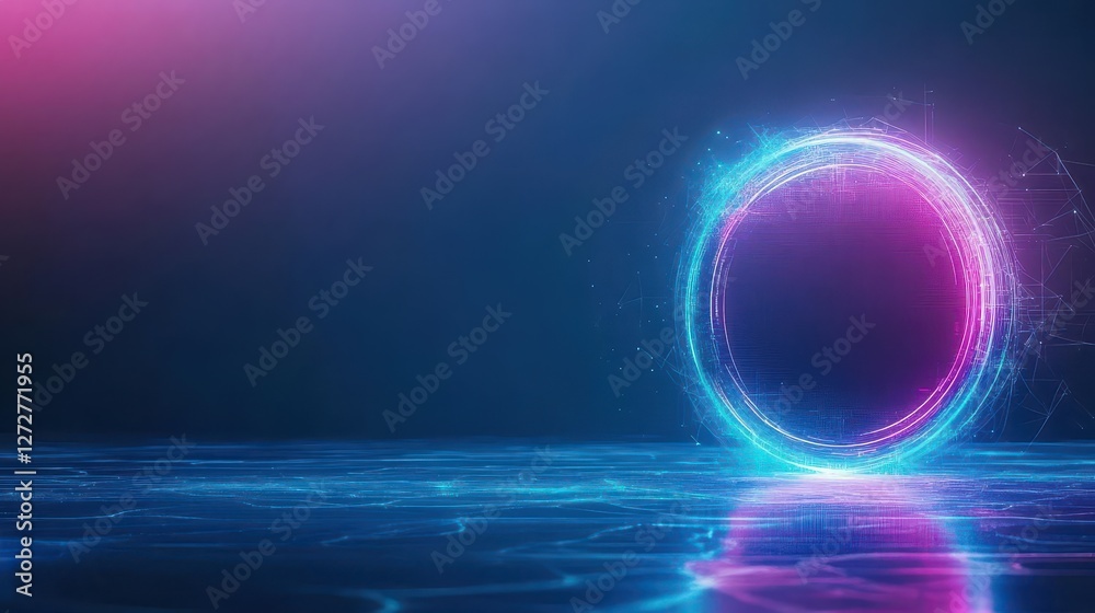 Poster glowing neon circle on reflective surface abstract futuristic technology background