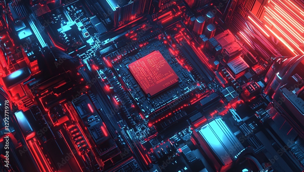 Poster exploring futuristic circuit board design: red and blue neon lights illuminate complex microchip tec