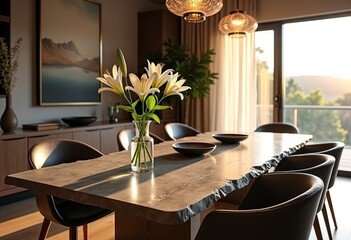 Minimalist Dining Room with Natural Slab Table: Leather Chairs, Sunlight, and White Lilies Create a Serene and Stylish Space, Perfect for Home Interior Design and Real Estate Marketing.

