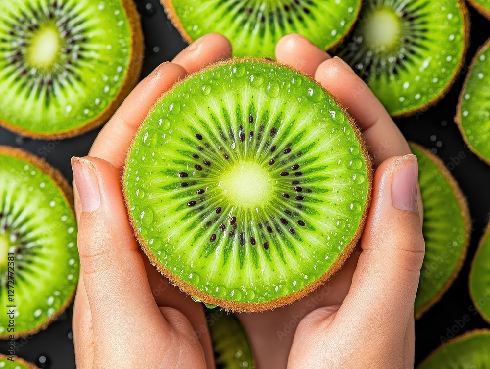 Poster hands holding a sliced kiwi fruit with black seeds and green pulp on dark backdrop